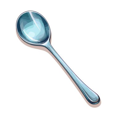 Beyaz arka planda basit bir gümüş kaşık sergilenir. Kaşık parlak, yansıtıcı bir yüzeye sahiptir ve metalden yapılmış gibi görünmektedir. Temiz ve kullanılmamış..