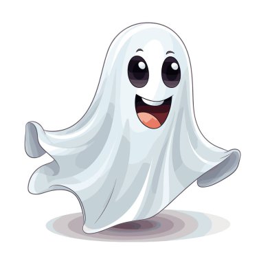 Dost canlısı, beyaz bir hayaletin çizimi mutlu bir şekilde yüzüyor. Büyük, koyu renk gözleri ve dişlerini ve dilini gösteren geniş bir gülümsemesi vardır. Aşağıda yumuşak bir gölge belirir.