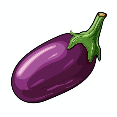 Parlak bir patlıcan karikatürü gösteriliyor. Yeşil saplı mor renkte. Patlıcan beyaz arka planda çizilir, bu da onu öne çıkarır..