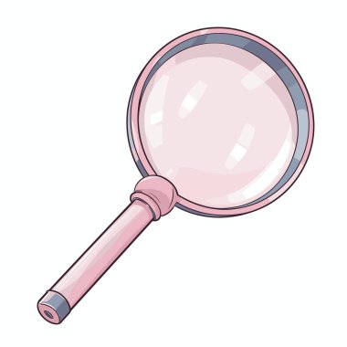 Pembe bir büyüteç beyaz bir fonda durmaktadır. Dairesel bir çerçevesi ve sapı var. Büyüteç havada süzülüyor ya da görünmeyen bir güç tarafından tutuluyor..