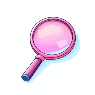 Açık mavi bir gölgeyle beyaz arka planda, saplı ve mavi uçlu pembe bir büyüteç gösterilir. Lens daha açık pembe renkte..