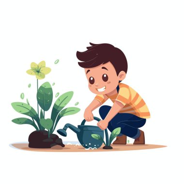 Turuncu çizgili gömlek ve mavi pantolon giyen genç bir çocuk mavi bir sulama kutusuyla bahçede bir çiçeği mutlu bir şekilde suluyor. Diz çöküp gülümsüyor..