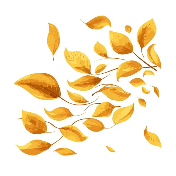 Dallardan düşen altın yapraklar beyaz arka planda gösteriliyor. Yapraklar gösterişli bir şekilde stilize edilmiş. Bu da sonbahar mevsimi olduğunu gösteriyor..