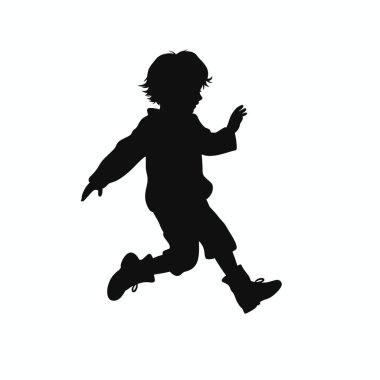 Bir siluet, kısa pantolon ve çizme giyen genç bir çocuğu gösteriyor. Sanki koşuyor ya da mutluluktan zıplıyormuş gibi kolları açık havada zıplıyor..