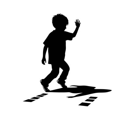Siluetli bir çocuk el sallarken bir zebra geçidinde yürüyor. Basit sahne, yol güvenliğinin kentsel alandaki genç yayalar için önemini gösteriyor..