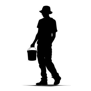 Bir siluet, günlük kıyafetler ve şapka giymiş birini gösterir. Onlar sol ellerinde bir kova tutuyorlar ve sağ elleri ceplerinde yürüyorlar, başka yöne bakıyorlar..