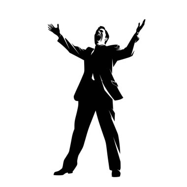 Takım elbiseli bir adamın siluetli figürü kolları havada ve ağzı açık, tezahürat yapıyor ya da bağırıyor gibi görünüyor, yüzü yukarı eğilmiş..