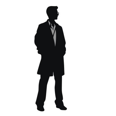 Bir adam ayakta duruyor. Gözlük, gömlek ve palto giyiyor. Elleri cebinde. Tarz, düz ve açık arkaplana karşı koyu bir siluettir..