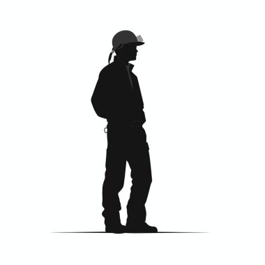 Koyu renk bir siluet, kask takan, ayakta duran bir adamı gösteriyor. Elleri cebinde ve şantiyede çalışan bir işçiye benziyor..