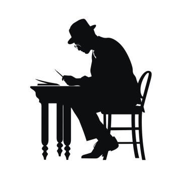 Siyah bir siluet bir masada oturan şapka ve gözlük takan bir adamı mektup yazarken gösteriyor. Elinde bir kalem var, görevine odaklanıyor. Bir sandalyede oturuyor..