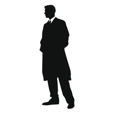 Karanlık bir siluet bir adamı tasvir eder. Takım elbise, kravat ve palto giyiyor. O ayakta duruyor ve sola bakıyor. Arkaplan beyaz ve görüntü bir vektör grafiği.