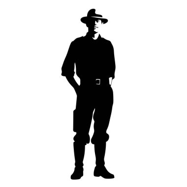 Bir adam elleri ceplerinde ayakta duruyor. Geniş kenarlı bir şapka, uzun kollu bir gömlek, pantolon ve diz boyu çizme giyiyor. Silueti siyah, beyaz arka planda..