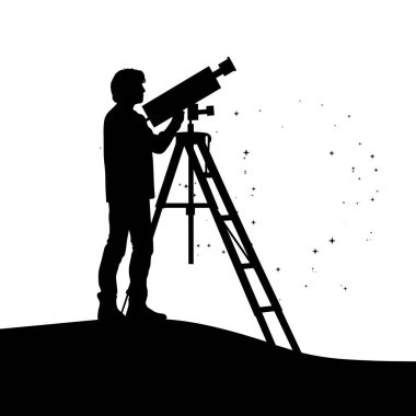 Bir tepenin üzerinde teleskoptan yıldızlara bakan bir insan silueti. Teleskop bir tripodun üzerinde ve arka plan da beyaz bir gece gökyüzü..