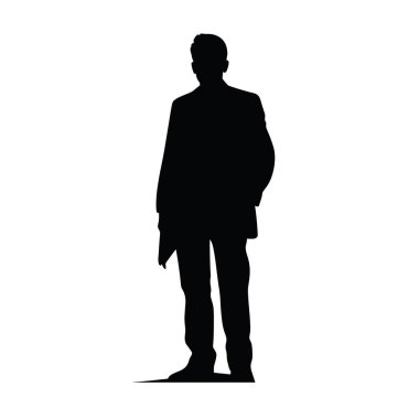 Takım elbise giyen birinin koyu renkli bir silueti ayakta duruyor. Bir elinde küçük, düz bir nesne tutuyor gibi görünüyor. Beyaz boşluk şekli sarar.