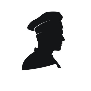 Şefin silueti sağa bakıyor, uzun bir şef şapkası ve üniforması var. Aşçılık ve mutfak işlerini temsil ediyor..