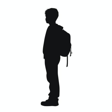 Silüet içinde bir çocuk, sırt çantası takıyor ve ayakta duruyor. Okula giden ya da giden bir öğrenciyi tasvir ediyor..