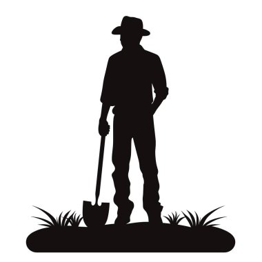 Bir çiftçi tarlada şapka takıyor. Bir küreği tutuyor ve bir eli cebinde. Beyaz arka planda siyah bir siluet var..