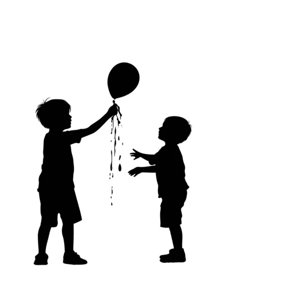 İki çocuk siluet olarak gösteriliyor. Bir çocuk elinde bir çeşit sıvı sızdırıyor gibi görünen bir balon tutuyor. Diğer çocuk ellerini uzatıyor..