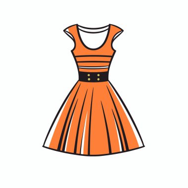 Zarif bir turuncu elbise kısa kollu ve yatay çizgili bir korseye sahiptir. Etek nazikçe akar, belindeki düğmelerle tamamlanır, şık bir görünüm yaratır..