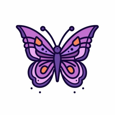 Mor ve turuncu aksanlı güzel tasarlanmış bir kelebek düz bir arkaplana dayanır. Karmaşık desenler doğanın güzelliğini vurguluyor..