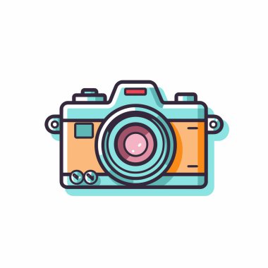 Düz dizayn edilmiş bir kamera içeren canlı bir illüstrasyon. Kamera, fotoğrafçılıktaki yaratıcılığı ve sanatsallığı vurgulayan eğlenceli bir renk paletine sahiptir..