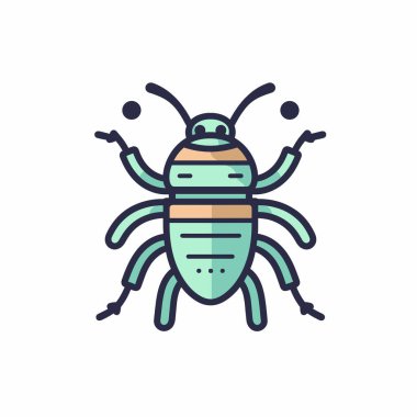 Yuvarlak vücutlu ve altı bacaklı canlı bir yeşil böcek kalın çizgiler ve minimalist tasarım içerir. Bu tasvir böceğin farklı özelliklerini ve simetrisini vurgular..