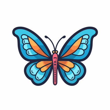 Parlak ve canlı bir kelebek eşsiz desenler ve renkler sergiler. Kanatları mavi, turuncu ve pembe tonlarında, dikkat çeken güzel bir tasarımı vurguluyor..