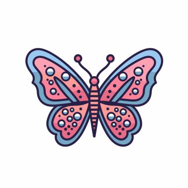 Dairesel desenlerle süslenmiş mavi ve pembe kanatlı bir kelebeğin ayrıntılı bir çizimi. Bu sanat eserleri tuhaf bir his için karmaşık tasarımlar sergiliyor..