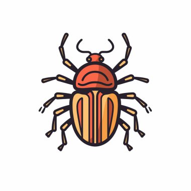 Renkli bir böceğin detaylı bir çizimi, parlak kırmızı bir kafa ve çarpıcı turuncu çizgiler de dahil olmak üzere farklı özelliklerini sergiliyor..