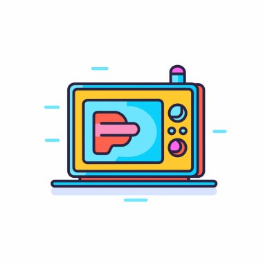 Canlı bir tasarımı olan çizgi film tarzı bir mikrodalga fırın renkli bir iç mekan gösterir. Yemek pişiriyor gibi görünüyor, eğlenceli ve modern bir görünümü var, bu da eğlence ve yenilik hissi veriyor..