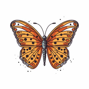 Turuncu kanatlı, güzel çizilmiş bir kelebek ve karmaşık siyah noktalar beyaz bir arkaplanda sergileniyor, narin özellikleri ve canlı renkleri vurgulanıyor..