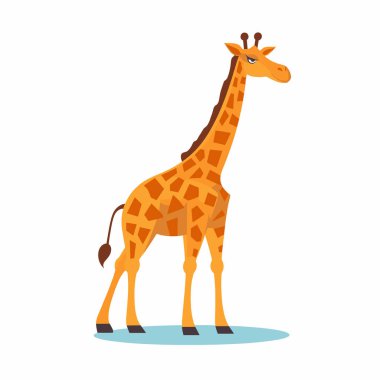 Bir zürafa neşeli bir ifadeyle ayakta duruyor. Uzun boynu ve kendine özgü desenleri, basit mavi bir arkaplanda göze çarpıyor ve sahneye tuhaf bir dokunuş ekliyor..