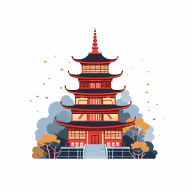 Canlı bir Asya pagodası, açık bir gökyüzünün altında renkli ağaçlar ve yumuşak bulutlarla çevrili süslü mimarisi olan uzun boylu bir Asya pagodası. Yapıda geleneksel tasarım unsurları sergileniyor.