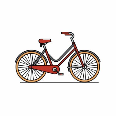 Parlak renkli eski bir bisiklet, parlak bir çerçeve, büyük tekerlekler ve rahat bir eyer içeren dik durur. Klasik bir tasarım sergiliyor..