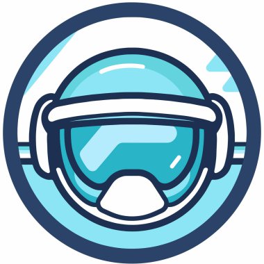 Bir stilize kask illüstrasyon düz, yuvarlak bir şekil ve berrak bir güneşlik içerir. Tasarım, modern bir estetiği vurgulayan mavi renk paleti ve basit grafikleri içerir..