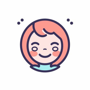 Bir çizgi film karakteri parlak pembe saçlı neşeli bir kız ve neşeli bir gülümsemeye sahiptir. Kafasının üzerinde süzülen küçük noktalarla neşe ifade ediyor..