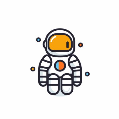 Bir çizgi film astronot karakteri rahat bir pozda oturur, parlak sarı bir miğfer ve renkli aksanlı beyaz bir uzay elbisesi vardır. Karakter küçük dekoratif noktalarla çevrili..