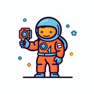 Neşeli bir astronot, turuncu bir uzay giysisi giymiş ve elinde bir kamera tutuyor. Karakteri çevreleyen renkli çiçekler tuhaf bir atmosfer yaratıyor..