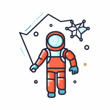 Parlak turuncu elbiseli bir astronot, kozmik bir alanda yüzüyor. Geometrik desenler ve yıldızlarla dolu. Uzay keşiflerinin güzelliğini gözler önüne seriyor..