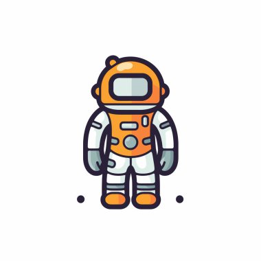 Turuncu ve beyaz bir uzay giysisi giymiş bir çizgi film karakteri kendinden emin duruyor. Karakterde geniş bir kask ve uzay keşfi temalarının gösterildiği dostane bir ifade yer alıyor..