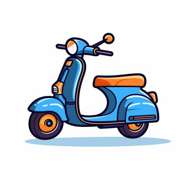 Turuncu aksanlı canlı bir mavi scooter arka planda göze çarpıyor. Klasik tasarımı ve parlak renkleri şehir ortamlarında özgürlük ve macera hissi uyandırıyor..