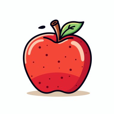 Canlı kırmızı bir elma, yeşil bir yaprak ve kahverengi bir gövdeye sahip olarak dik oturur. Resimde parlak bir doku sergileniyor, taze ve sulu görünümünü vurguluyor..