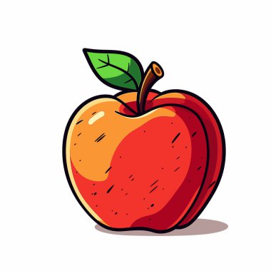 Yeşil yapraklı canlı kırmızı bir elma belirgin bir şekilde oturur. Yumuşak cilt, sağlıklı beslenme ve tazelik hissi uyandıran neşeli bir tasarımı yansıtır. Eğitici materyaller için ideal.