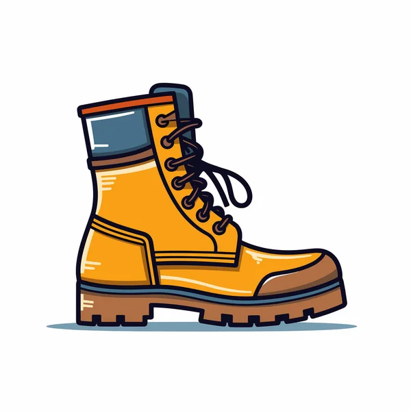 Düz bir yüzeyde duran siyah bağcıklı parlak sarı iş botunun detaylı bir çizimi. Çizmede sağlam tasarımı vurgulanan sert tabanlı ve zıt mavi aksanlar yer alıyor..