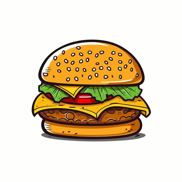 Lezzetli bir köfte, erimiş peynir, kıtır marul ve taze domates dilimleriyle dolu renkli bir hamburger, hepsi susamlı bir çöreğin içine yerleştirilmeye hazır..