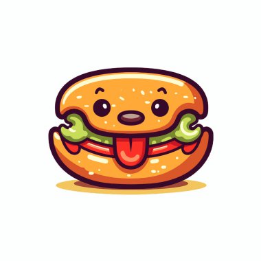Neşeli bir çizgi film hamburgeri gülümseyen bir yüzle oturur, parlak renkler ve dostane bir tavırla. Hamburgerde marul, domates ve mutluluğu gösteren bir ağız var. Çocuklar için ideal..