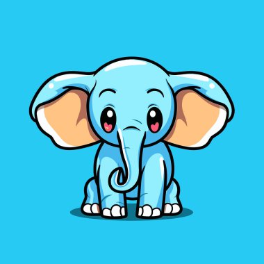 Büyüleyici mavi bir fil karakteri, büyük kulakları ve büyük anlamlı gözleri var. Karakter canlı, mavi bir arka planda oturuyor, neşeli ve dost canlısı doğasını sergiliyor..