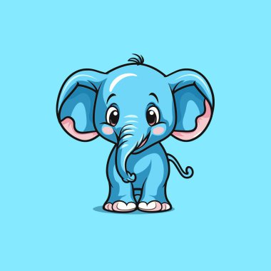 Çizgi film tarzı mavi bir fil, büyük kulaklı ve neşeli bir ifade açık mavi arka planda duruyor. Karakter, neşeli tavırları ve küçük kuyruğu olan bir çizgi film karakteri..