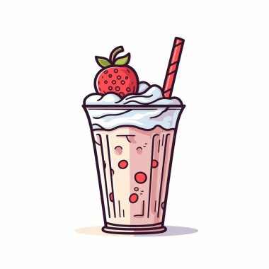 Krem şantili ve taze çilekli lezzetli çilekli milkshake. Açık bir bardakta, kırmızı ve beyaz çizgili kamışla servis ediliyor. Güneşli bir gün için mükemmel..