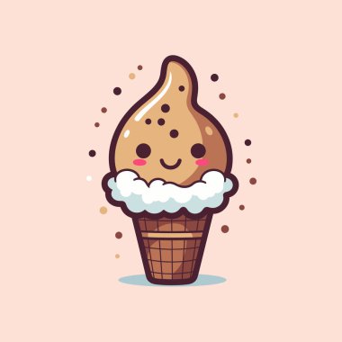 Neşeli bir dondurma külahında çikolatalı dondurma ile gülümseyen bir yüz bulunur. Koni yumuşak beyaz kremayla kaplanır ve yumuşak pembe bir arka plana yerleştirilir..